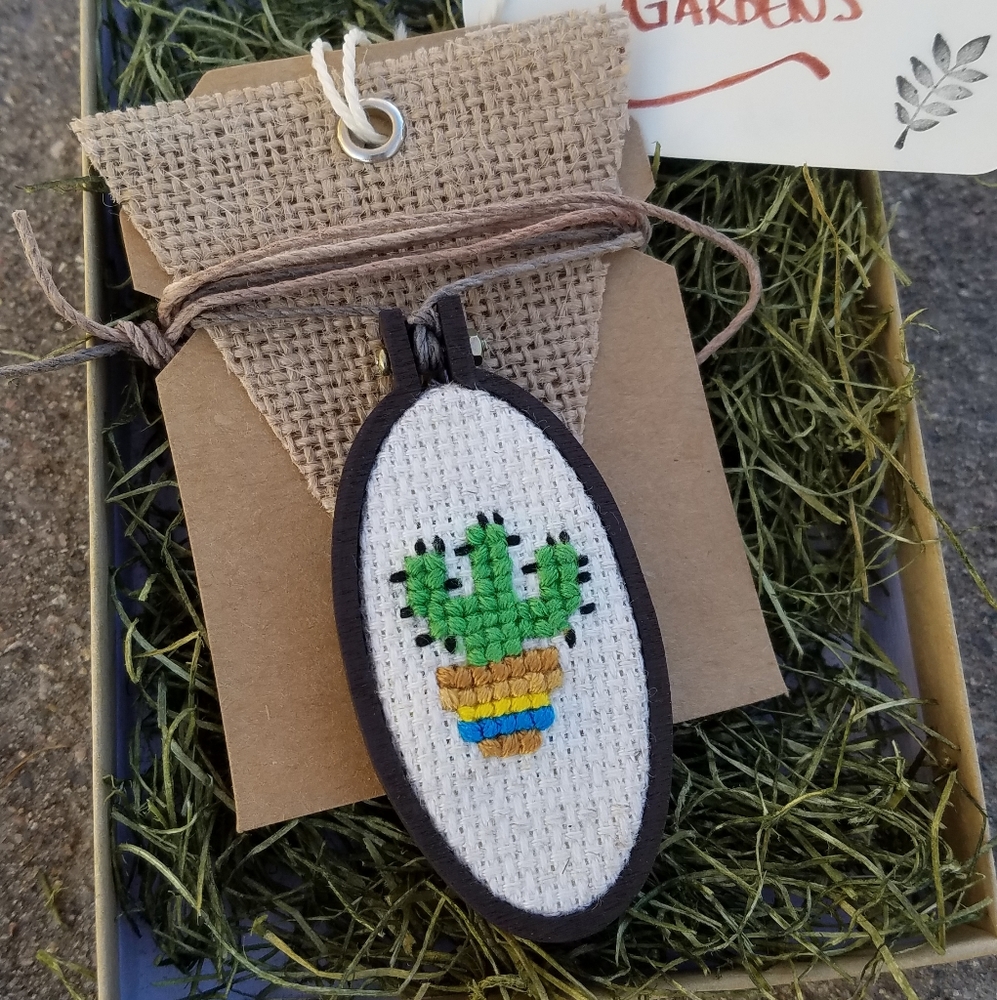 Cute Tiny Cross Stitch Cactus Embroidery Necklace